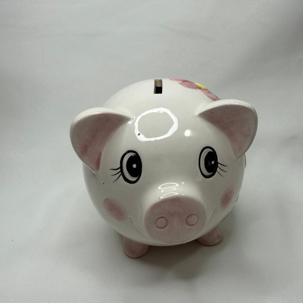 Vintage Lefton Japan Ceramic Piggy Bank ST 40-2 Pink Daisy Floral Baby Gift